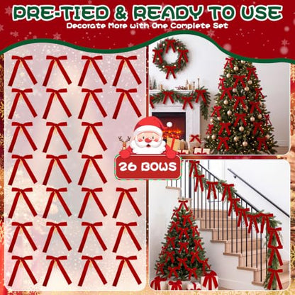 Red Velvet Christmas Tree Bows Set of 26 with Variation - Elegant Holiday Decor