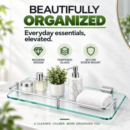 Bathroom Glass Shelf 15.7in Wall Mount Floating Shelves - Modern Tempered Glass