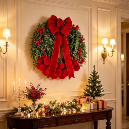 24-Inch Artificial Christmas Wreath with Velvet Balls and Bow - Front Door Decor