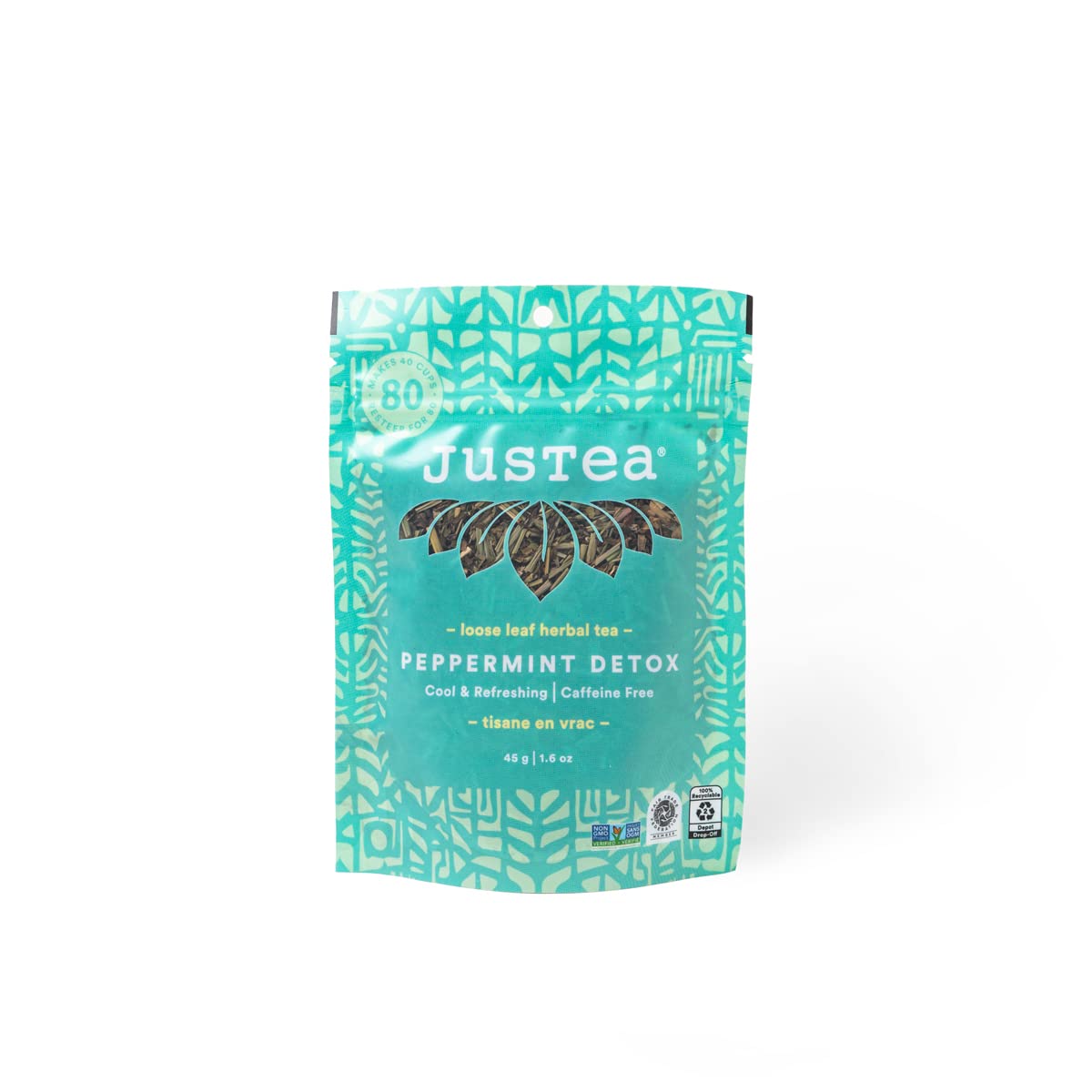 JusTea PEPPERMINT DETOX | Loose Leaf Herbal Tea | Recyclable Refill Pouch | 40+ Cups (1.6oz) | Caffeine Free | Award-Winning | Fair Trade | Non-GMO