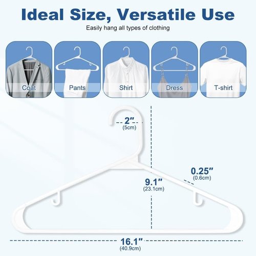 HOUSE DAY White Plastic Hangers - Durable 50 Pack with Built-in Hooks | Space-Saving Clothes Organizer