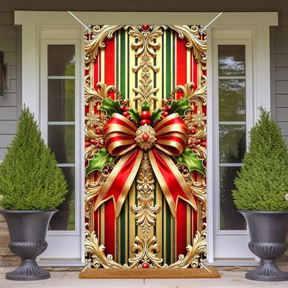 Christmas Door Cover Bow Red Gold 35x70 Inch Polyester Seasonal Decor