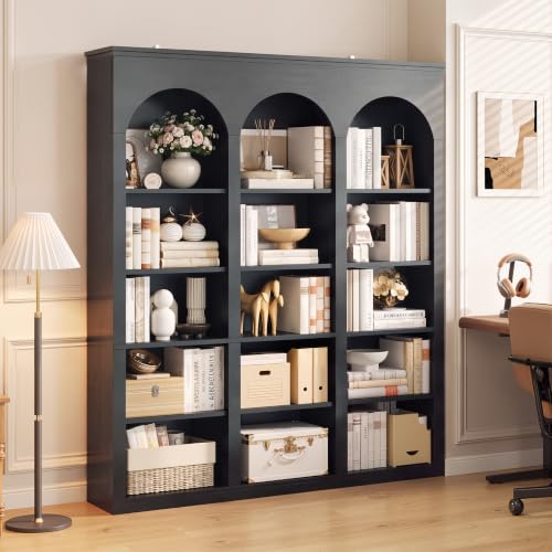 MapleGrace 71-Inch Triple Arched Tall Bookcase with Shelves - Black