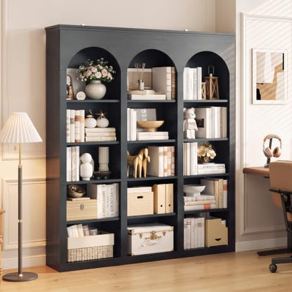 MapleGrace 71-Inch Triple Arched Tall Bookcase with Shelves - Black
