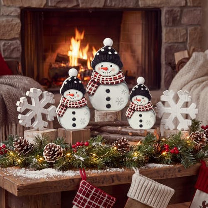 Snowman Christmas Table Decor Set - 5 Pcs Wooden Holiday Figurines with Snowflakes - Black, White, Red / Sweet Variation