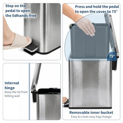 Bathroom Trash Can with Lid - 5L/1.3G Silver Soft Close Pedal Bin