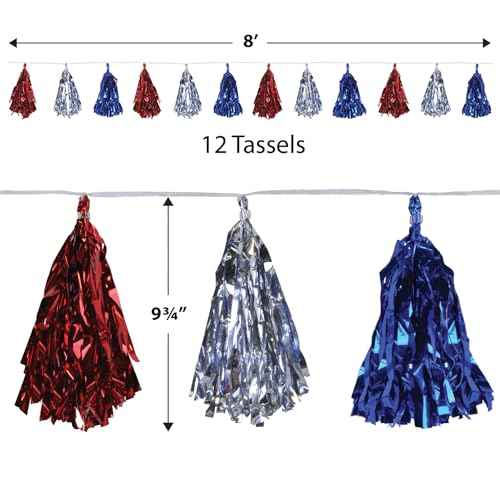 Beistle Beistle , 2 Piece Metallic Tassel Garlands, 9.75" x 8', 9.75" x 8', Red/Silver/Blue