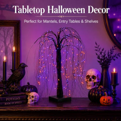 Halloween Black Lighted Willow Tree 24 Inch Tabletop Decor with 192 LED Lights - Purple Orange Lights, 8 Lighting Modes