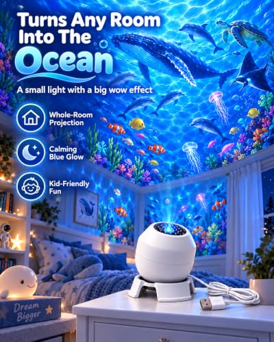 Wonder Tide Ocean Light Projector - White, Underwater Room Decor, 3 Scene Films