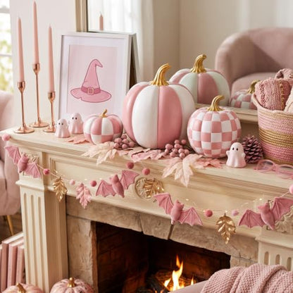 Pink and White Large Pumpkin Decor Set of 4 - Resin Checkered Halloween Ornaments