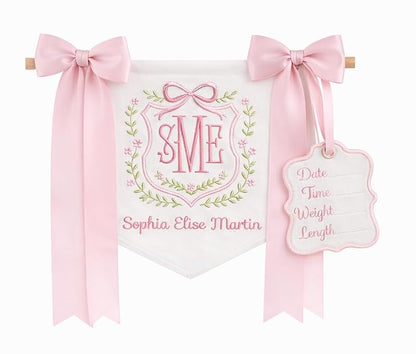 Personalized Baby Banner with Name - Embroidery on Cotton Canvas, 12x11 in AM-AOFB-06