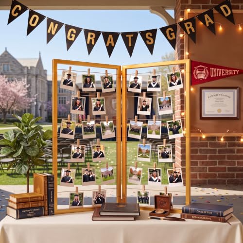 Gold Photo Display Board, Picture Collage Holder with Rope & Clips
