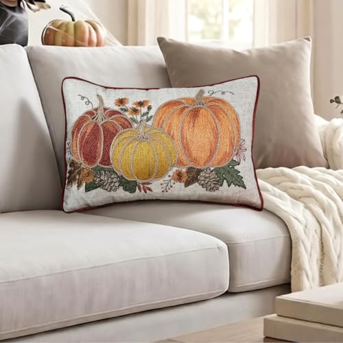 Fall Pumpkin Embroidery Throw Pillow Cover 14x20 Inch Rustic Harvest Decor