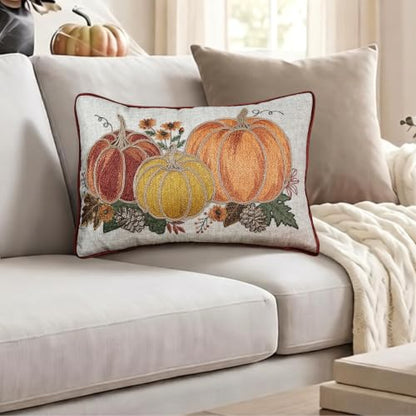 Fall Pumpkin Embroidery Throw Pillow Cover 14x20 Inch Rustic Harvest Decor
