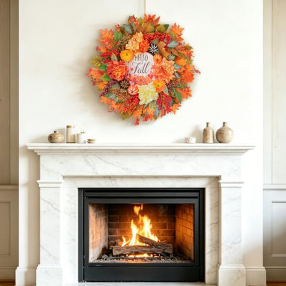 Fall Wreath for Front Door 24-Inch Autumn Harvest Wreath with Dahlias - Orange Variation