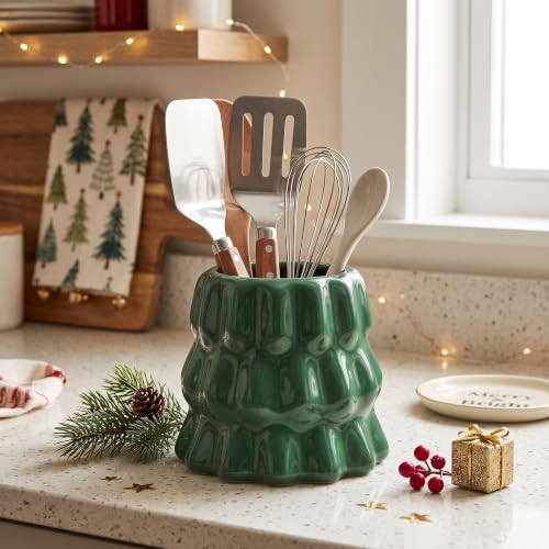 Green Ceramic Christmas Tree Utensil Holder - Kitchen Organizer, Holiday Decor
