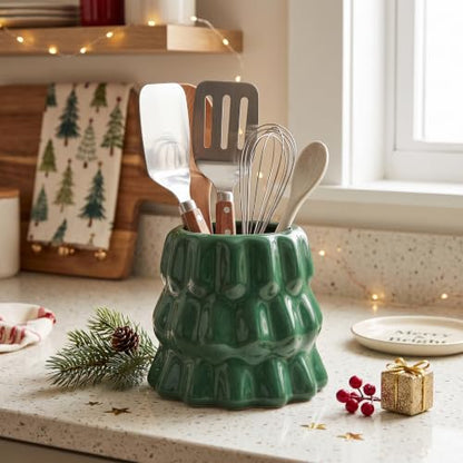 Green Ceramic Christmas Tree Utensil Holder - Kitchen Organizer, Holiday Decor