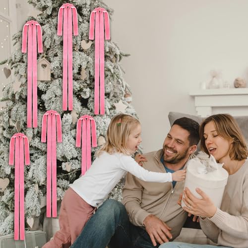 Pink Velvet Christmas Bow Ornaments Set of 6 - Long Holiday Tree Decor