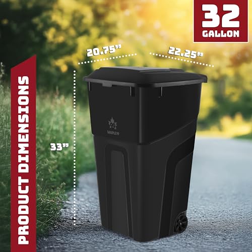Outdoor Garbage Can with Lid - Black, 32 Gallon Wheeled Trash Bin