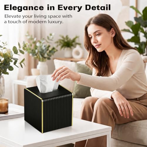 Black Square Tissue Box Cover - Modern Leather Tissue Holder for Home Office Car