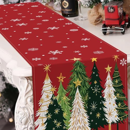 Christmas Trees Table Runner - Red Holiday Table Decor with Green & White Pattern - Variation of Christmas Trees