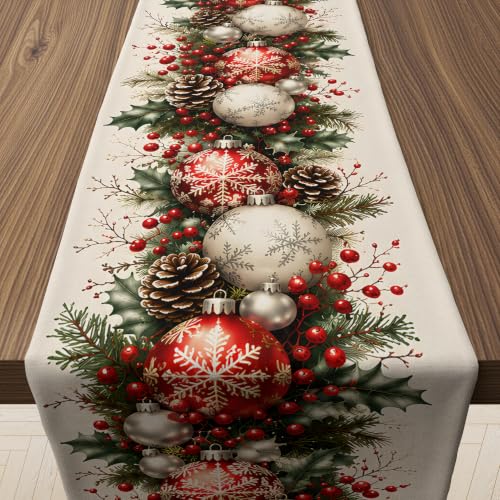 Christmas Decorations - Xmas Balls Snowflake Pine Cone Table Runner - Variation of Christmas Balls Snowflake