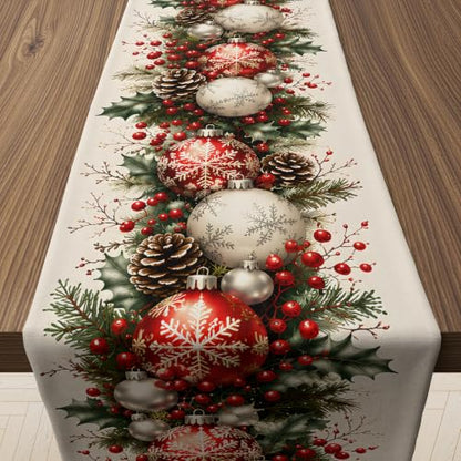 Christmas Decorations - Xmas Balls Snowflake Pine Cone Table Runner - Variation of Christmas Balls Snowflake