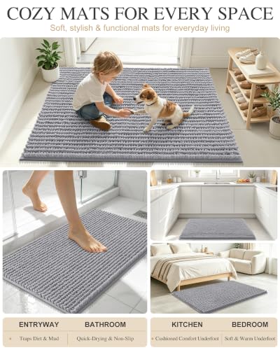 Grey Thick Bathroom Rug 30x20 Chenille Absorbent Non-Slip Bath Mat