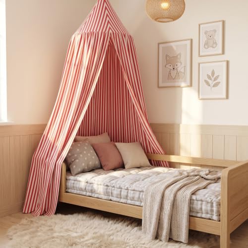 Kids Bed Canopy Tent - Red White Striped Reading Nook for Nursery & Playroom