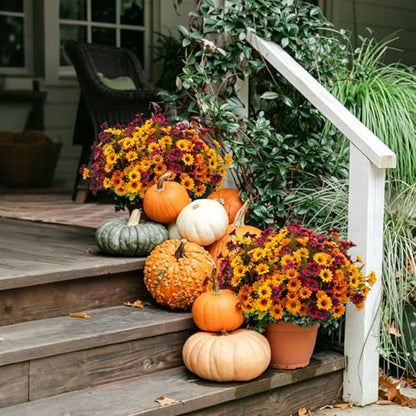 Artificial Fall Mums Flowers - 9 Bundles in Orange, Red, Yellow, Brown - Outdoor Decor