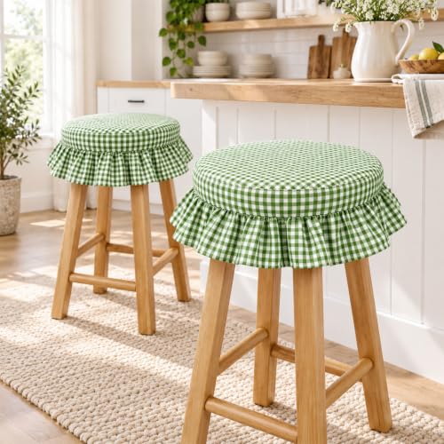 Gingham Ruffled Stool Covers 2-Pack - Green & White Plaid Home Decor
