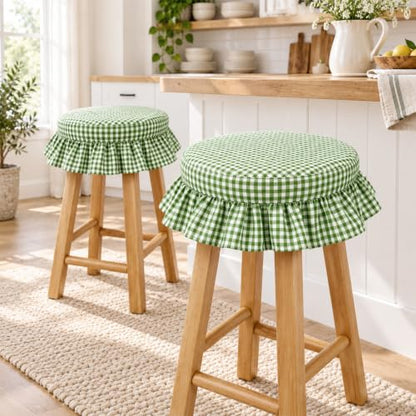 Gingham Ruffled Stool Covers 2-Pack - Green & White Plaid Home Decor