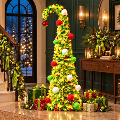 6 FT Green Whimsical Curved Pop Up Christmas Tree with Lights & Ornaments