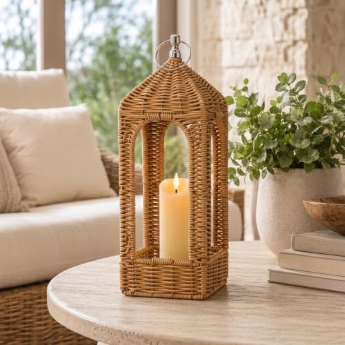 14.5 Inch Natural Rattan Lantern with Flameless LED Candle - Boho Decor