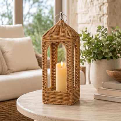 14.5 Inch Natural Rattan Lantern with Flameless LED Candle - Boho Decor