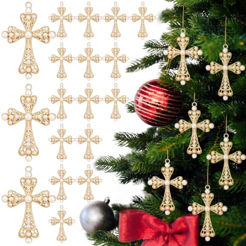 24 Pcs Pearl Cross Christmas Decorations Religious Ornaments - Gold, 3.58 Inches