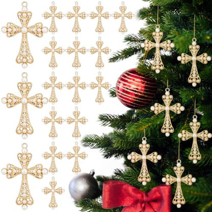 24 Pcs Pearl Cross Christmas Decorations Religious Ornaments - Gold, 3.58 Inches