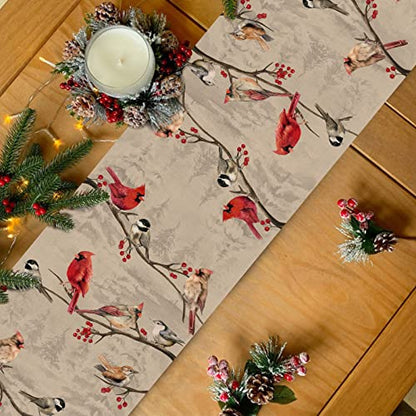 Vintage Bird Branch Table Runner - 13 x 72 Inches Winter Cardinal & Chickadee Berry