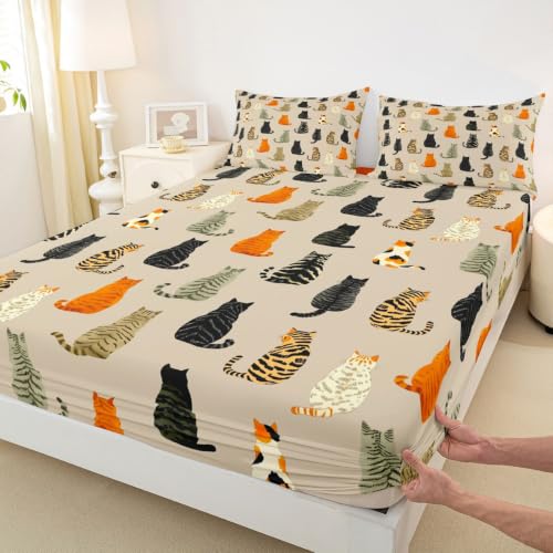 Manfei Cat Fitted Sheet Twin Size Orange Black Kitten Bedding Set 2Pcs - Deep Pocket