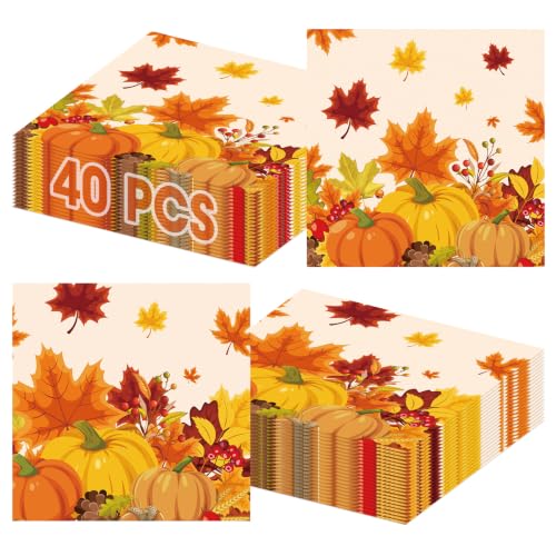 Fall Thanksgiving Napkins - Orange Maple Leaf Pumpkin Paper Cocktail Napkins Set of 40