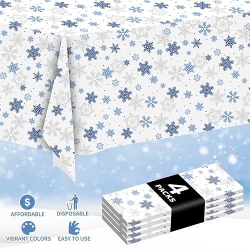 Disposable Snowflake Plastic Tablecloth 54x108 Inches - Blue Holiday Party Cover - 4 Pack