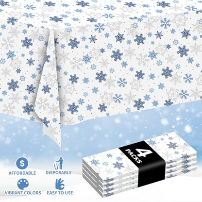 Disposable Snowflake Plastic Tablecloth 54x108 Inches - Blue Holiday Party Cover - 4 Pack
