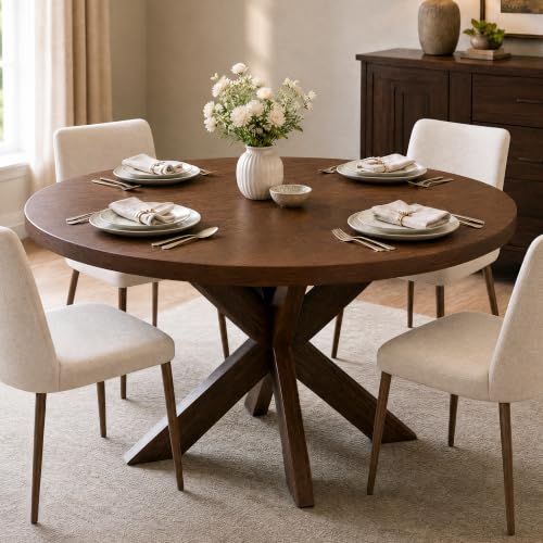 47-Inch Round Dining Table for 4-6 People with Walnut Finish, Wood Pedestal Base