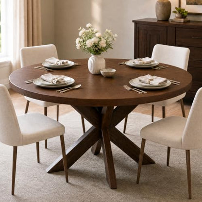 47-Inch Round Dining Table for 4-6 People with Walnut Finish, Wood Pedestal Base