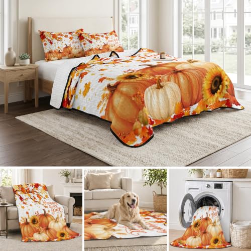 Orange Thanksgiving Twin XL Quilt Set with Pumpkins and Maple Leaves - All Season Bedding with Pillowcases