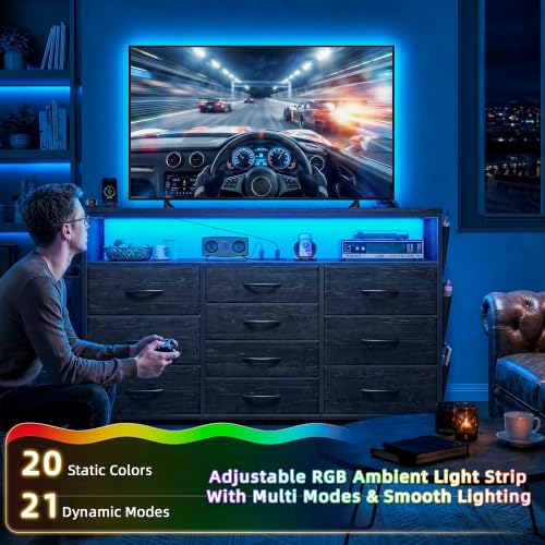 10-Drawer Dresser with LED Lights, Power Outlets & Black Variation
