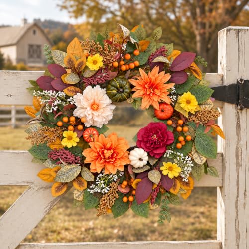 Fall Wreath for Front Door - 22 Inch Autumn Decor with Dahlia & Pumpkin - Flower Variation