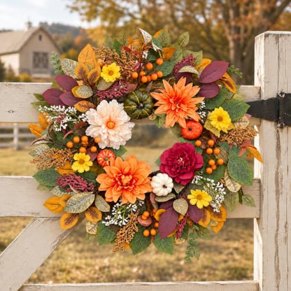 Fall Wreath for Front Door - 22 Inch Autumn Decor with Dahlia & Pumpkin - Flower Variation