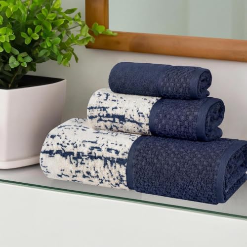 Navy Blue Ivory Jacquard Cotton 3-Piece Bathroom Towel Set - Superior