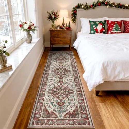 Christmas Hallway Runner Rug 2' x 8' Non Slip Red Floral Accent Rug